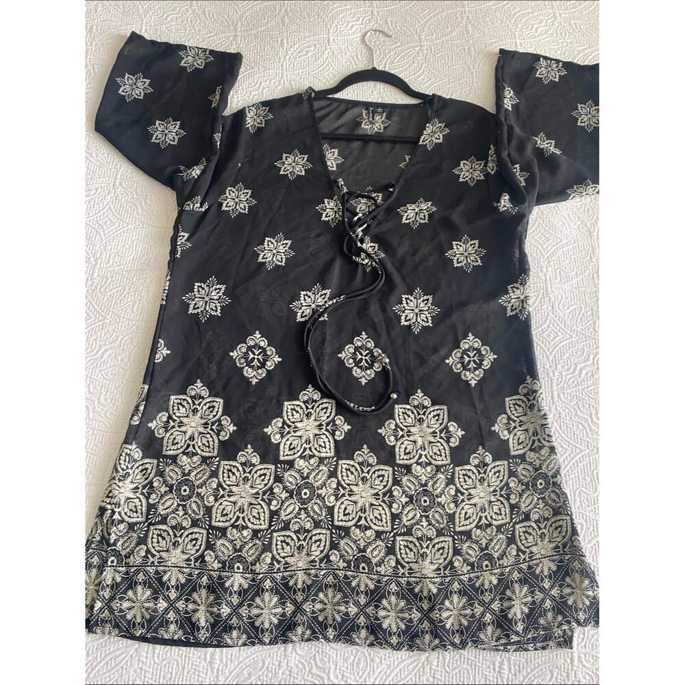 PontoCruz Black & White Lace-Up Boho Swimsuit Cover and Tunic Top Size L - Picture 9 of 11